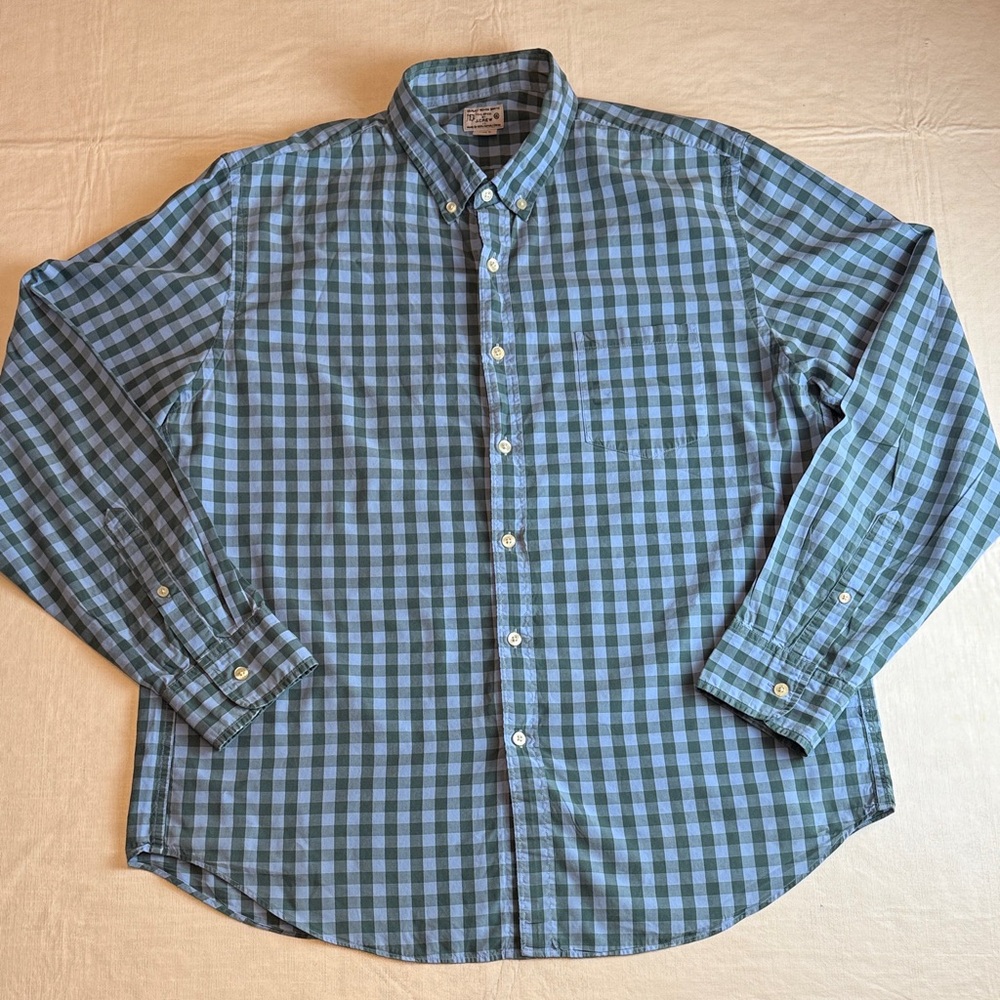 J. Crew Men's Blue Green Checkered Ling Sleeve Button Down Shirt Size XL